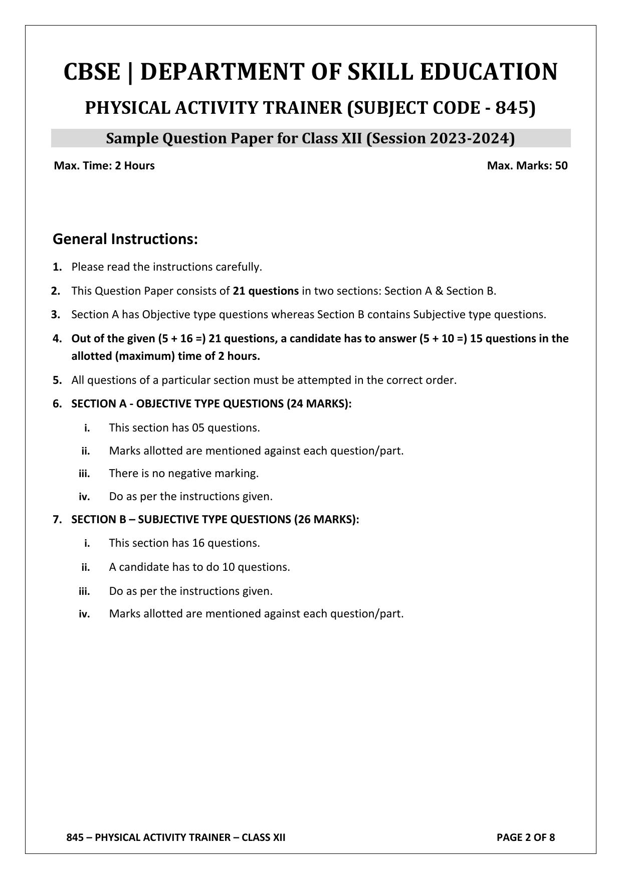 CBSE Class 12 (Skill Education) Physical Activity Trainer 2024 Sample Paper - Page 2