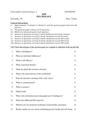 Nagaland Board Class 12 PSYCHOLOGY 2020 Question Papers