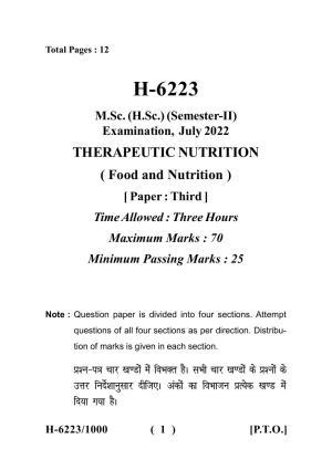 Sarguja University Question Paper July-2022 :  M.Sc. In Home Science (Food & Nutrition)(Second Sem.)Therapeutic Nutrition Paper 1