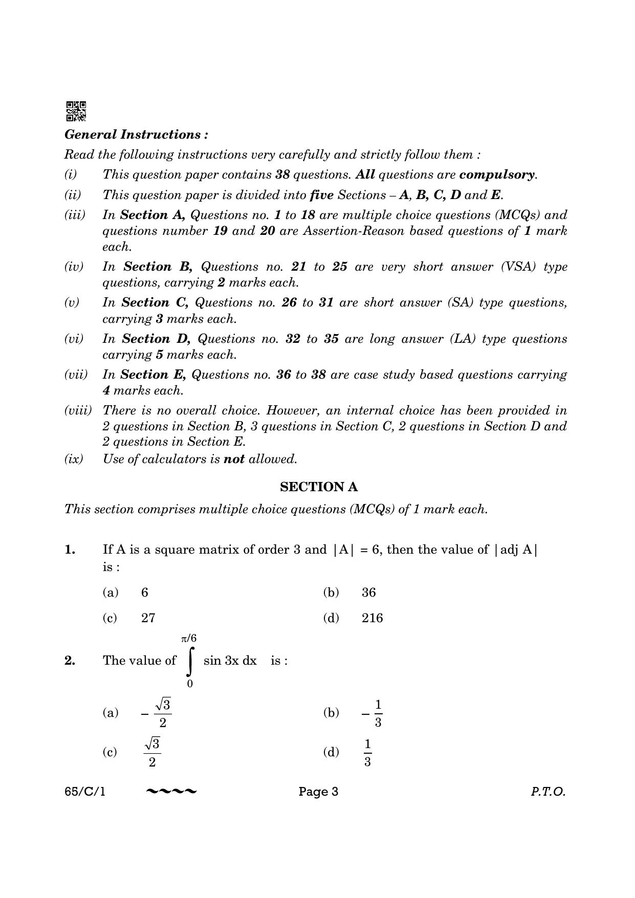 CBSE Class 12 65-1- Mathematics 2023 (Compartment) Question Paper - Page 3