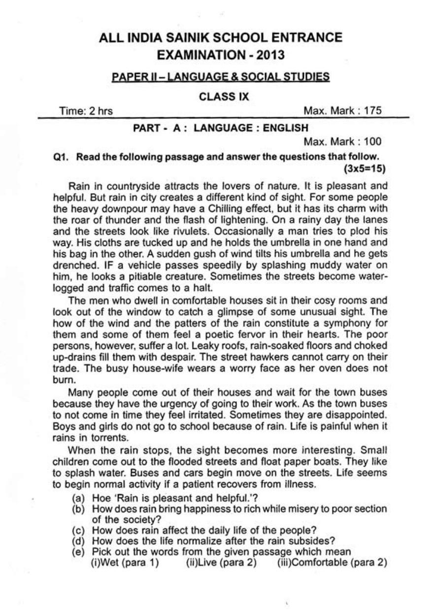 Sainik School Class 9 Paper II - 2013 Question Paper in English - Page 1