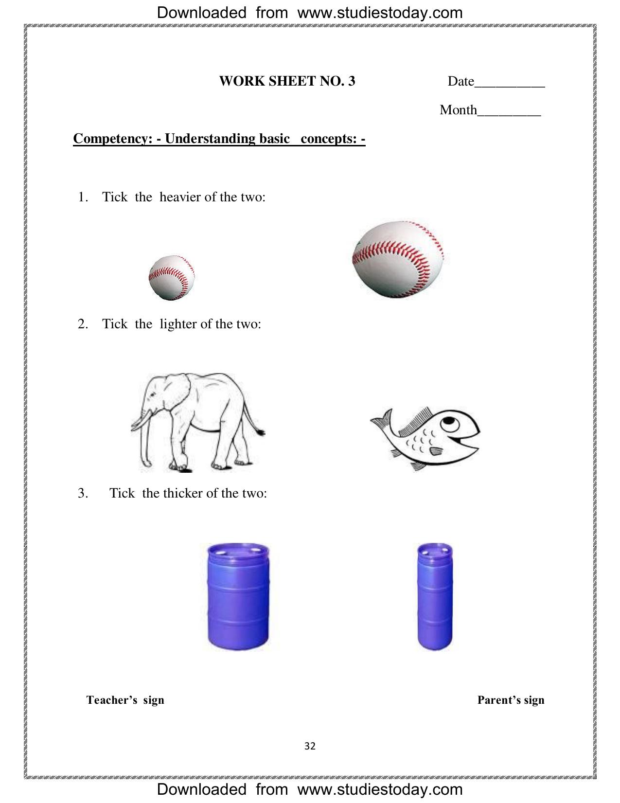 Worksheet for Class 1 Maths Measurement Assignment 3 - Page 1