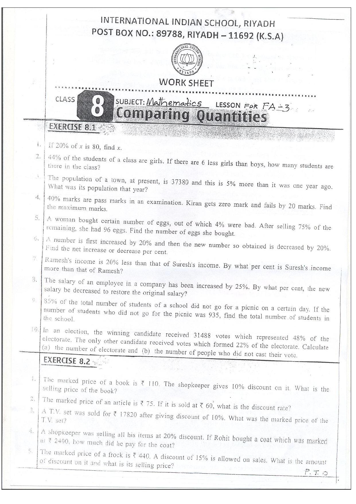 CBSE Worksheets for Class 8 Mathematics Compairing Quantities Assignment 3 - Page 1