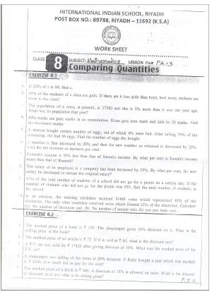 CBSE Worksheets for Class 8 Mathematics Compairing Quantities Assignment 3