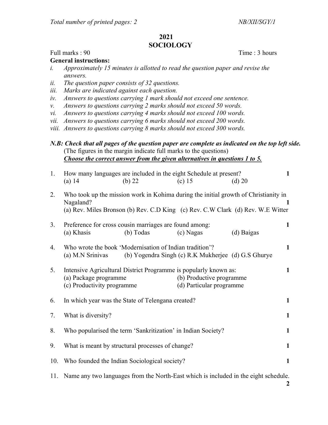 Nagaland Board Class 12 Sociology 2021 Question Paper - Page 1
