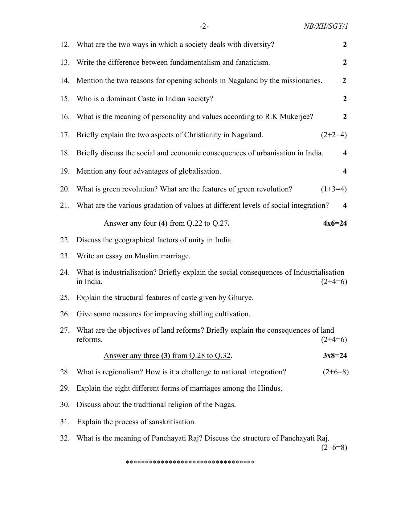 Nagaland Board Class 12 Sociology 2021 Question Paper - Page 2