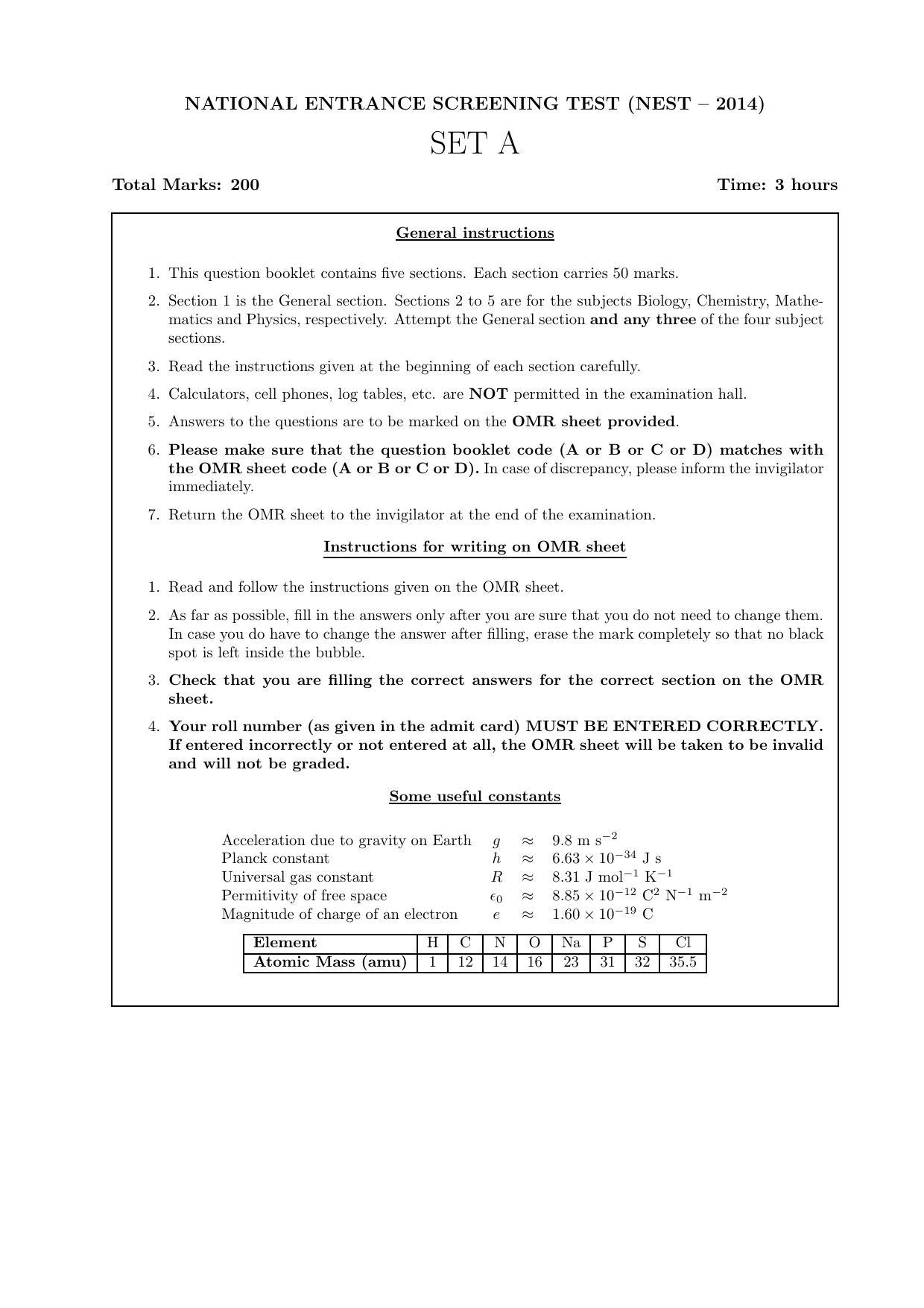 LPU NEST Question Papers 2014 SET A - Page 1
