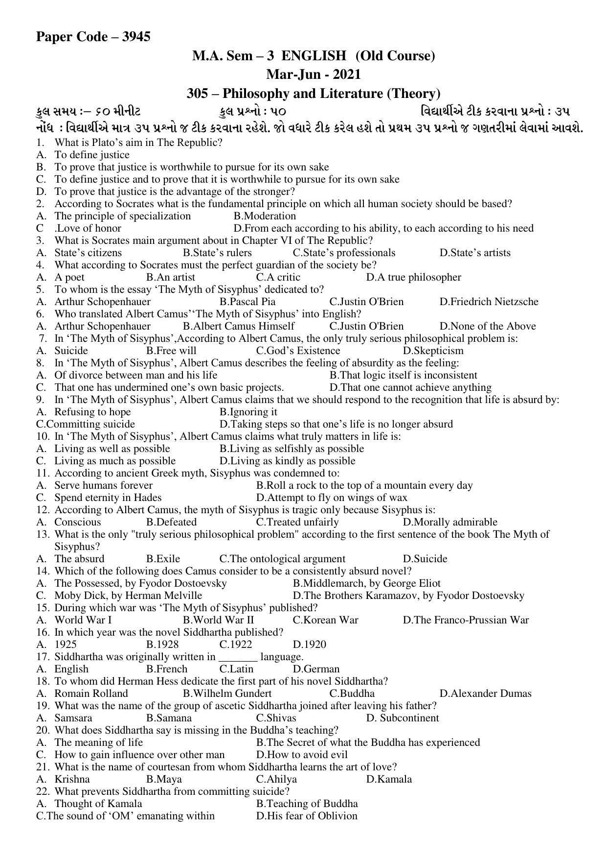 Hemchand North Gujarat University Sample Paper Mar-Jun 2021: M.A. Sem – 3 English-305 - Philosophy and Literature (Theory) Paper Code – 3945 (Old Course) - Page 1