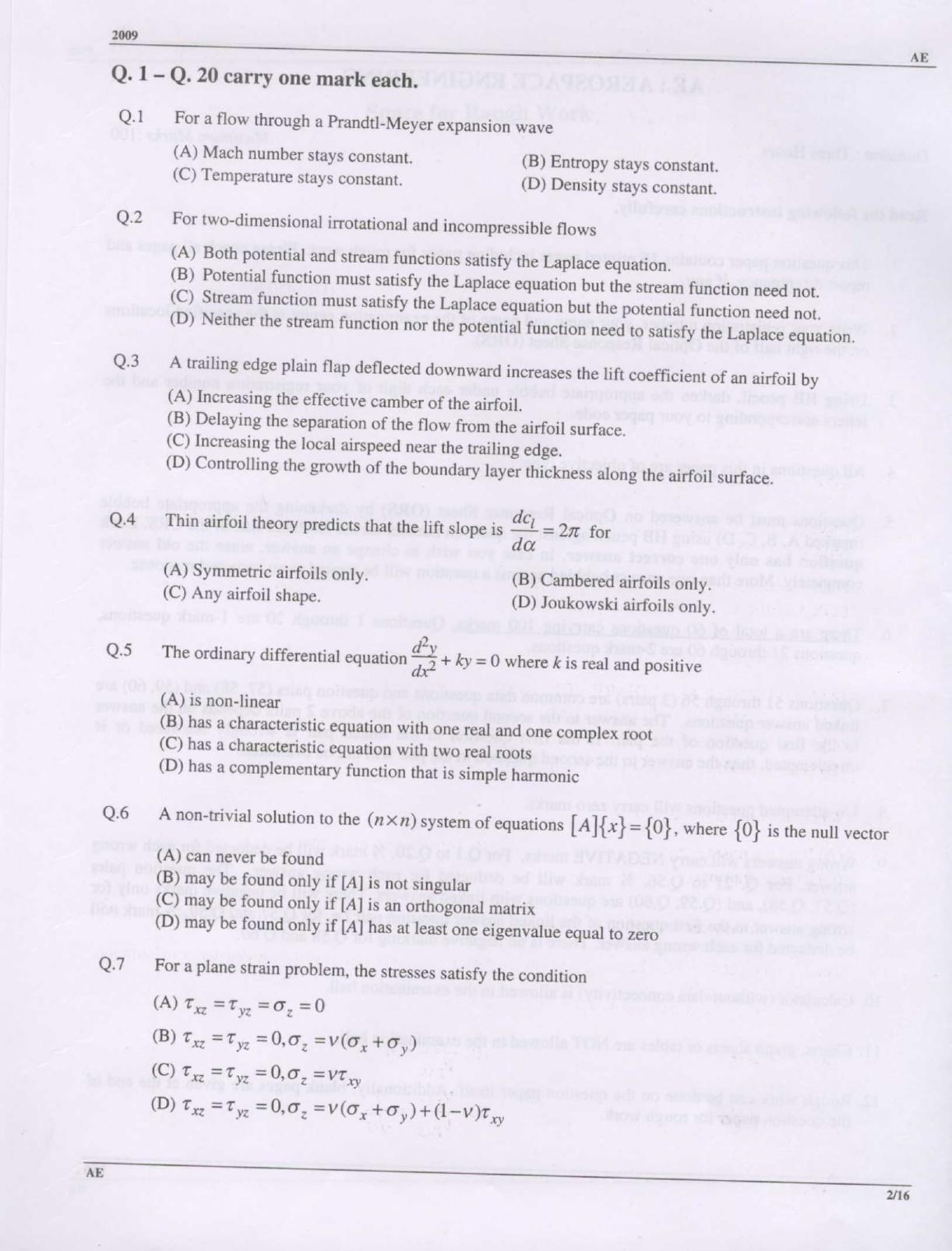 GATE 2009 Aerospace Engineering (AE) Question Paper with Answer Key - Page 2