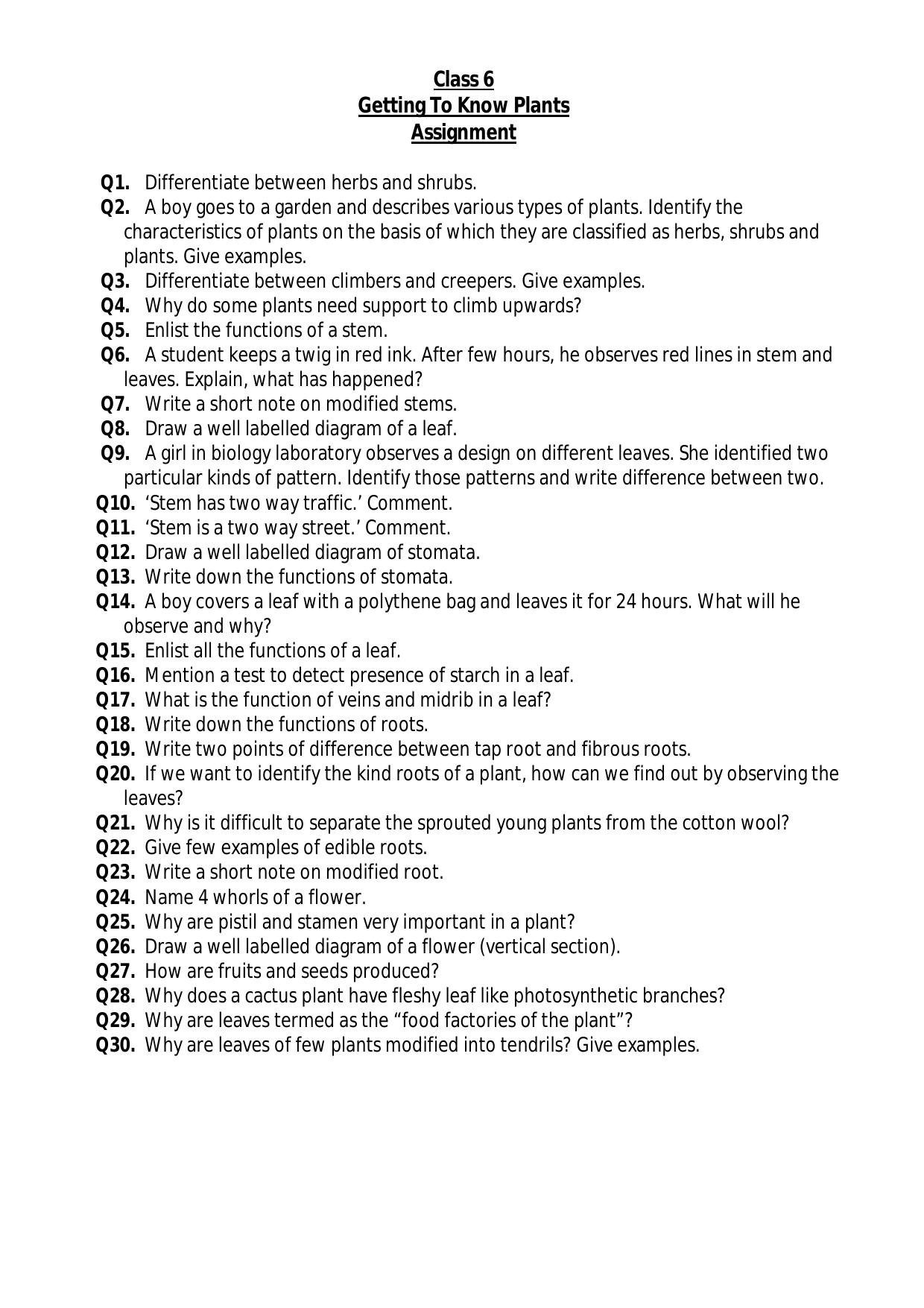 CBSE Worksheets for Class 6 Science Getting to Know Plants Assignment 2 - Page 1