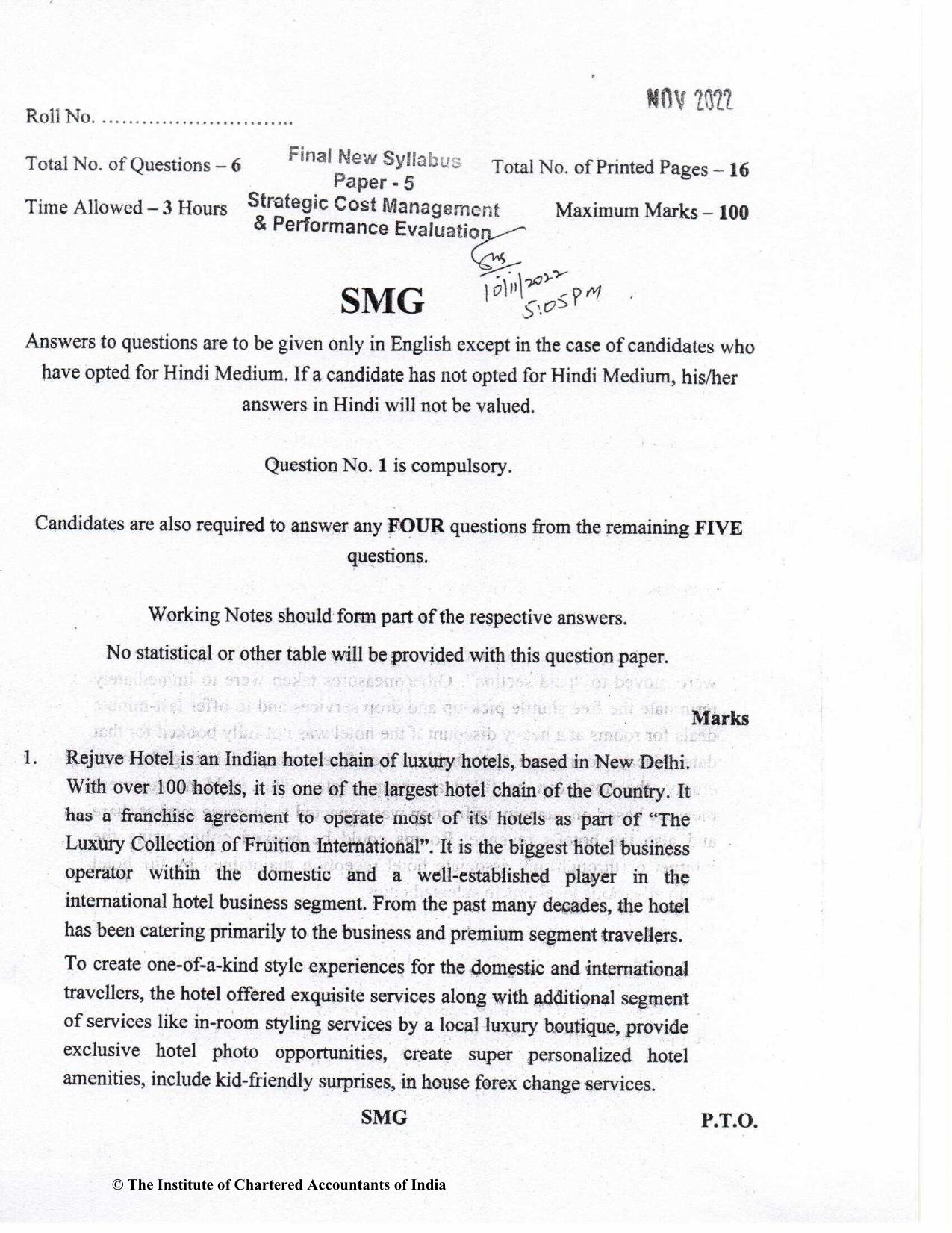 CA Final Nov 2022 Question Paper - Paper 5 – Strategic Cost Management and Performance Evaluation - Page 1