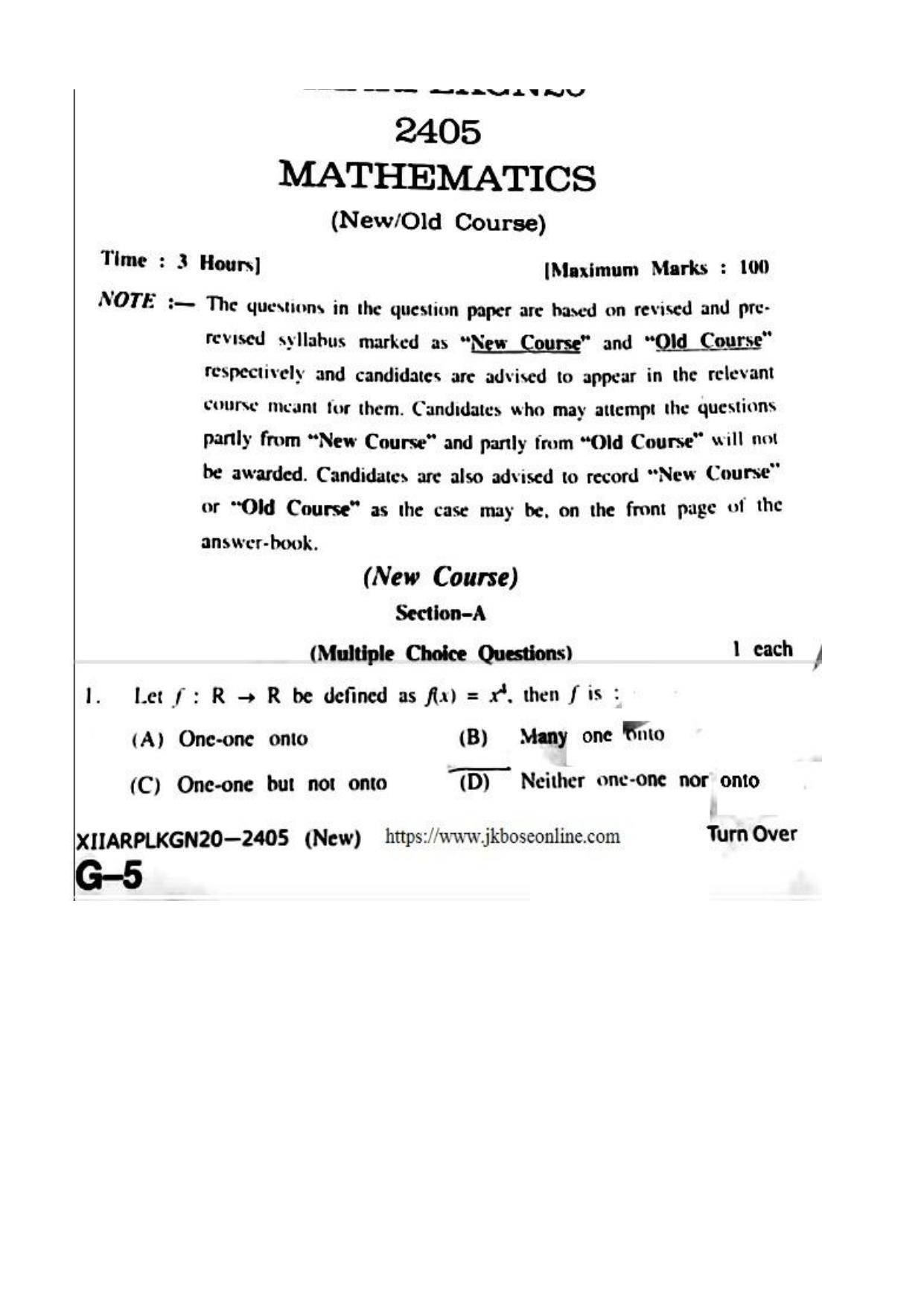 JKBOSE Class 12 Mathematics 2405 Question Papers 2020 - Page 1
