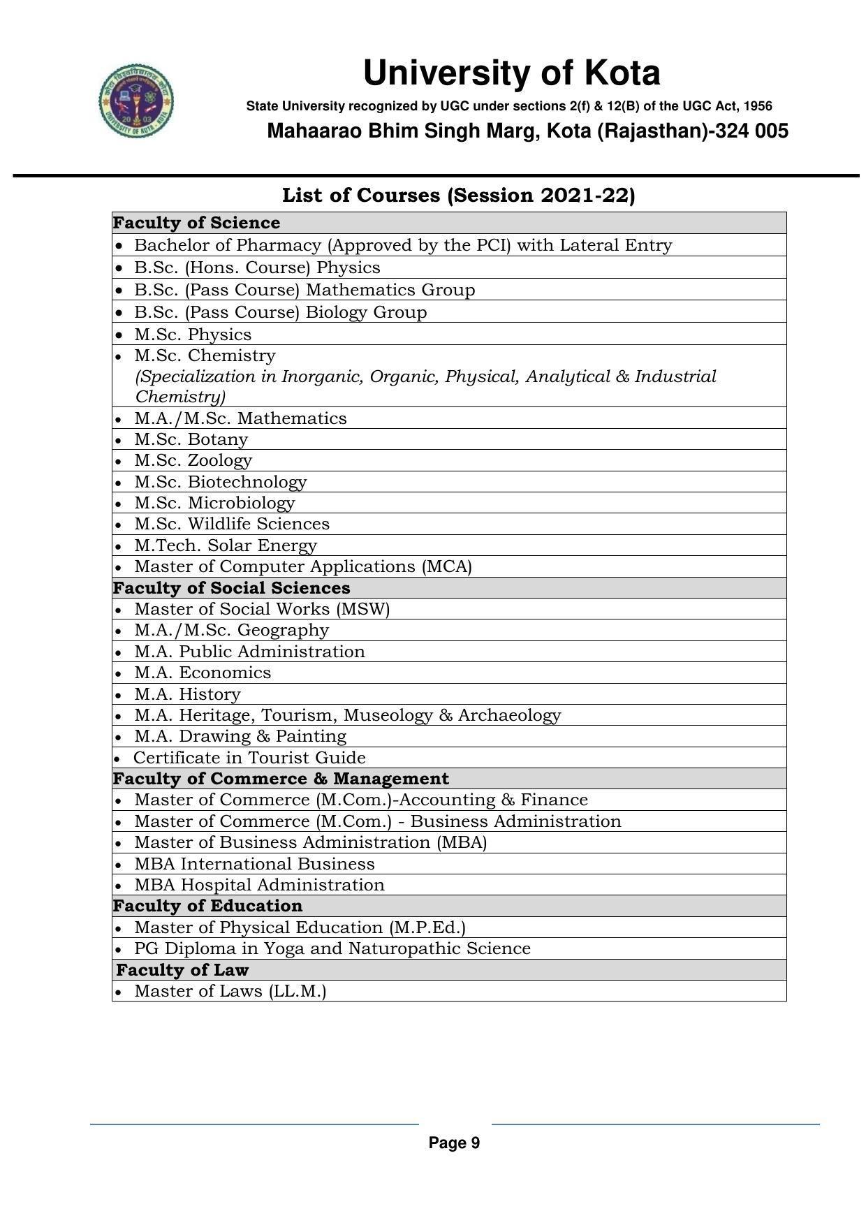 University of Kota, Kota Prospectus 2021-22 - Page 9