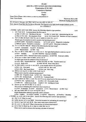 Bilaspur University Question Paper June 2022:M.A. Education (Second Semester) Educational & Mental Measurement Paper 1