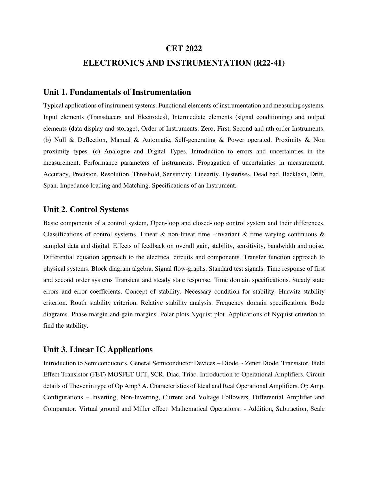 AP RCET Electronics & Instrumentation Syllabus - Page 1