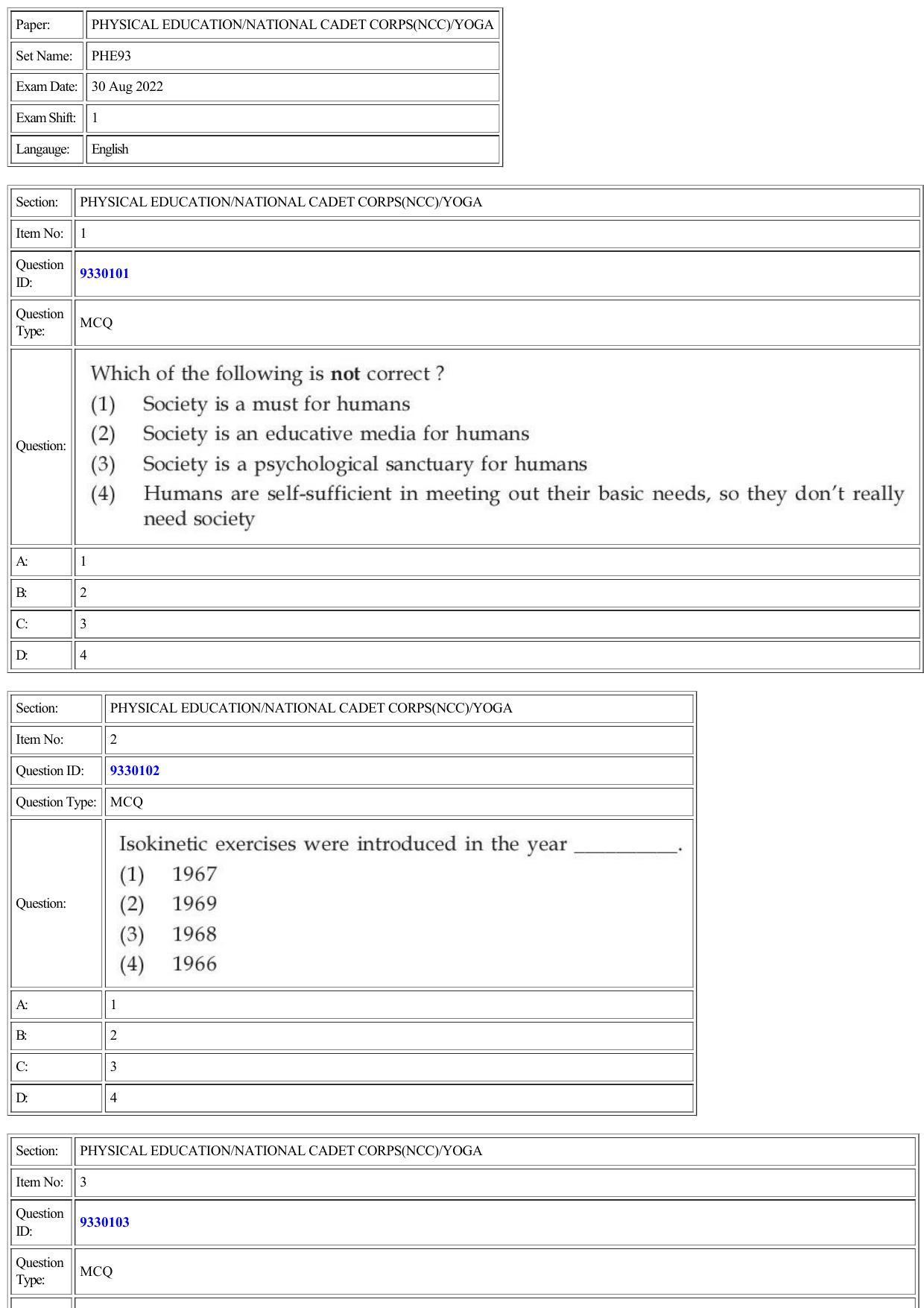 CUET 2022 Question Paper of Physical Education/ National Cadet Corps (NCC)/ Yoga - Page 1