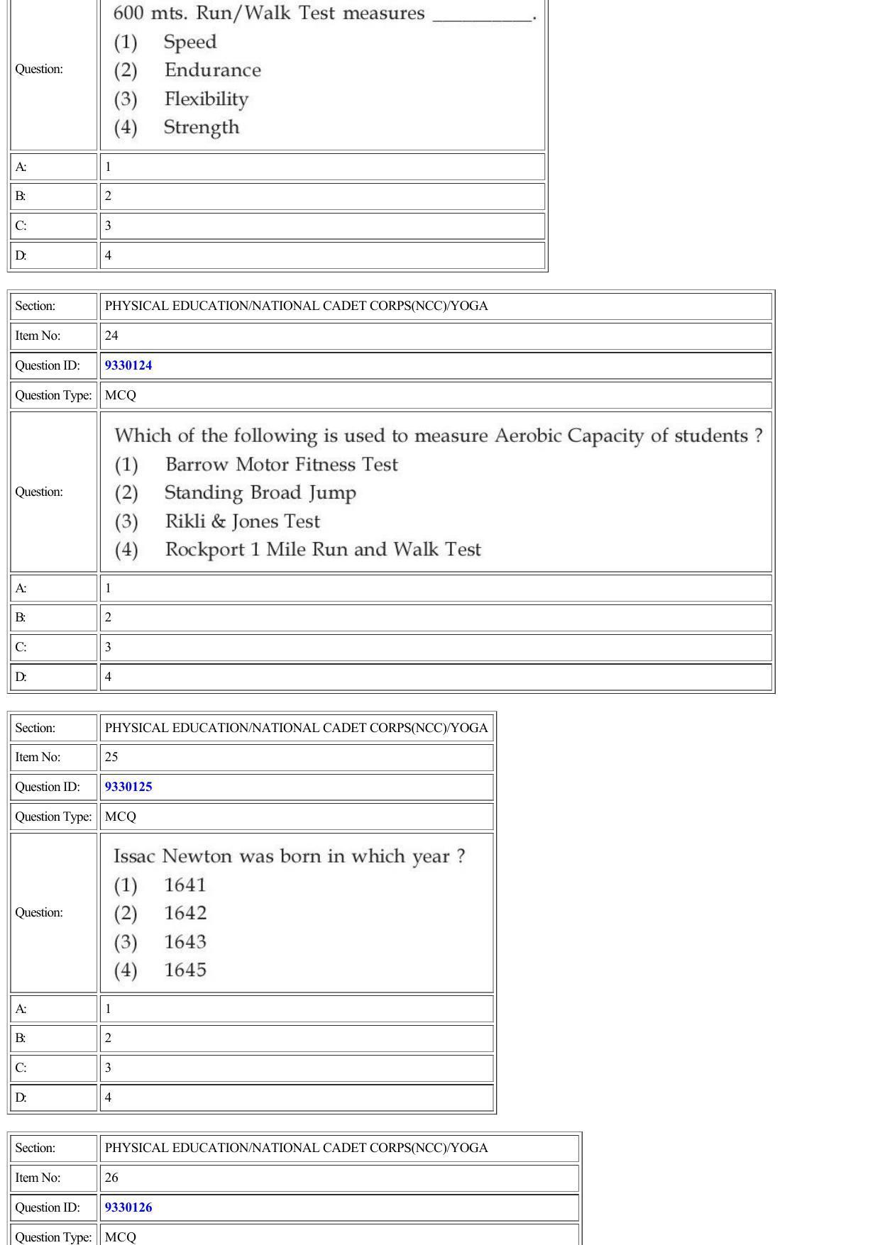 CUET 2022 Question Paper of Physical Education/ National Cadet Corps (NCC)/ Yoga - Page 9