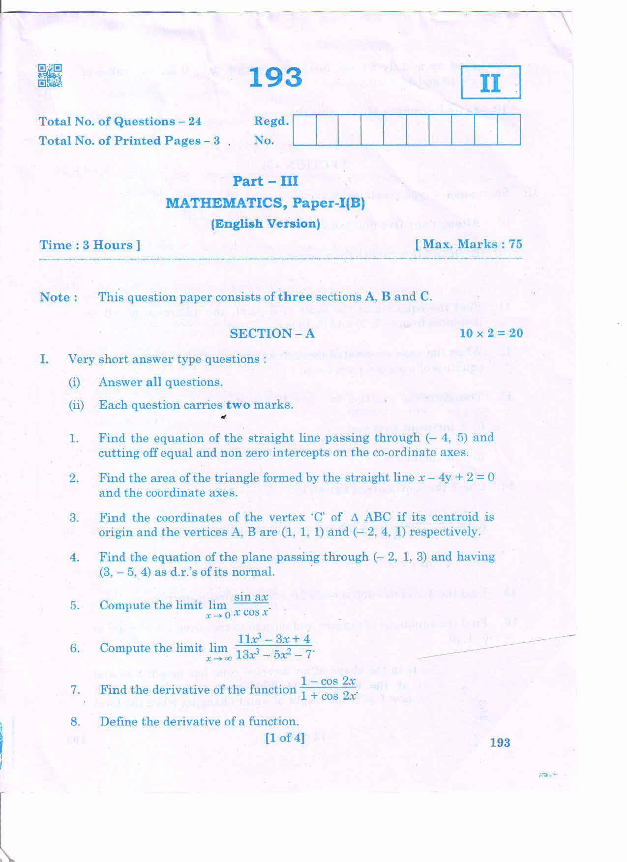 AP Inter 1st Year MATHS-I B (EM) March-2020-General Question Paper - Page 1