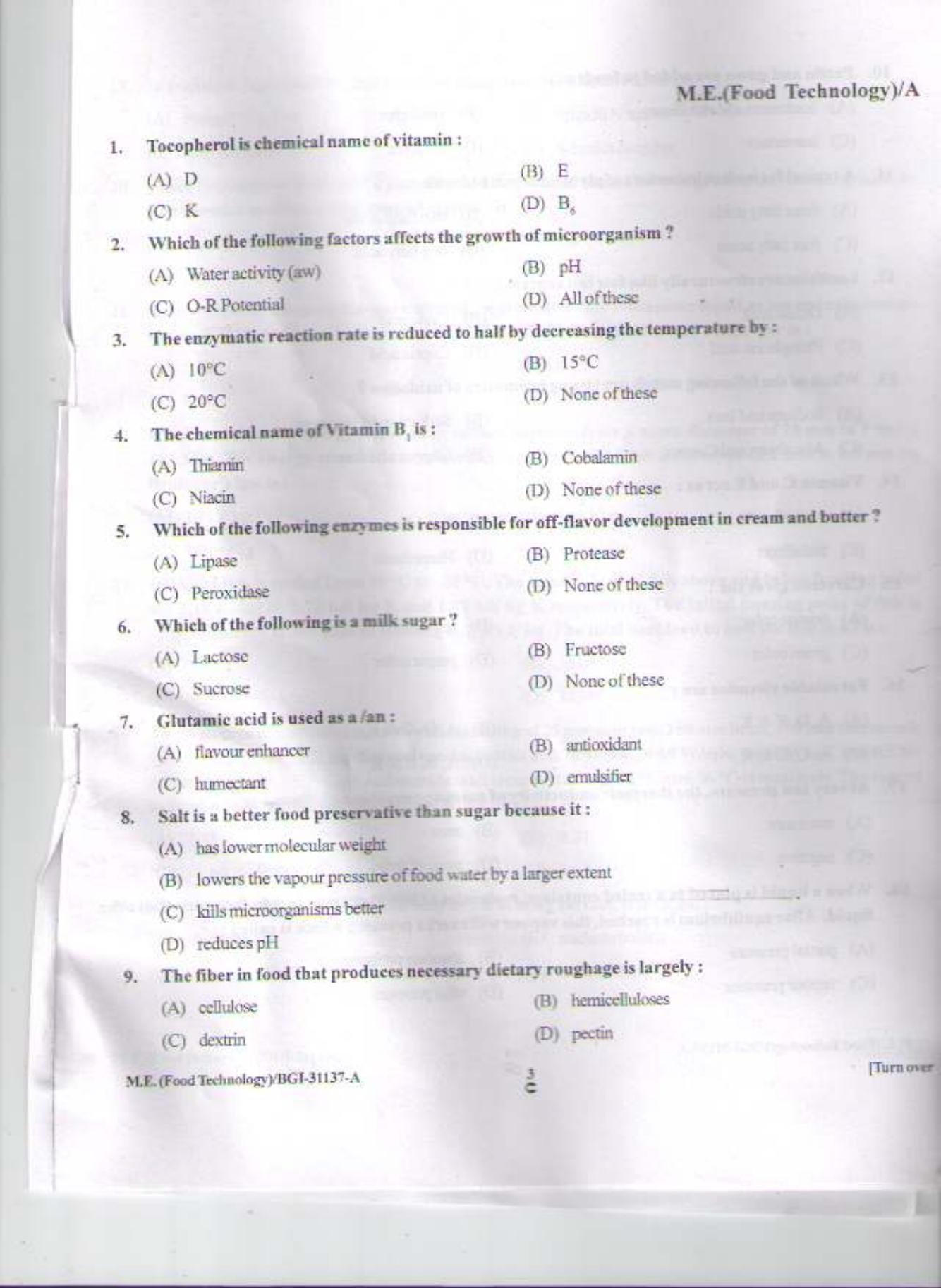 PU CET PG 2015: M.E.(Food Technology) Question Paper - Page 2