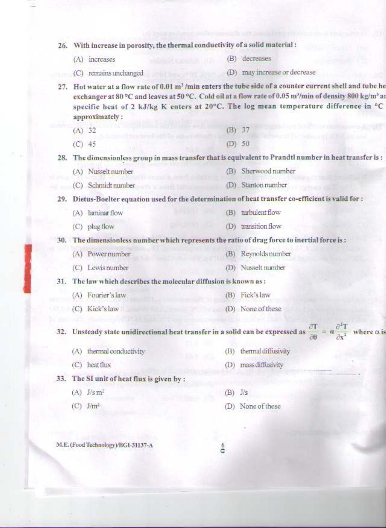 PU CET PG 2015: M.E.(Food Technology) Question Paper - Page 5