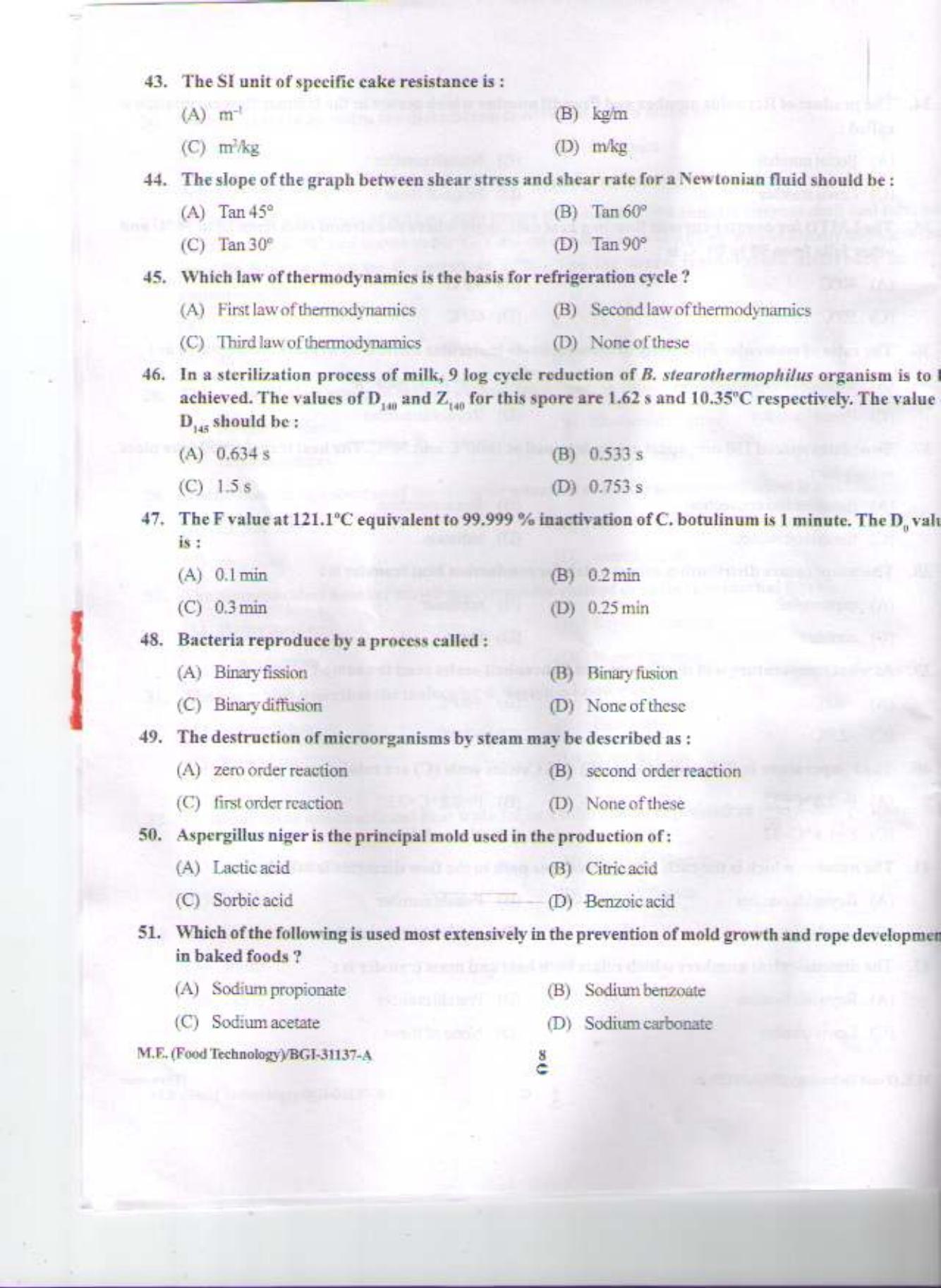 PU CET PG 2015: M.E.(Food Technology) Question Paper - Page 7