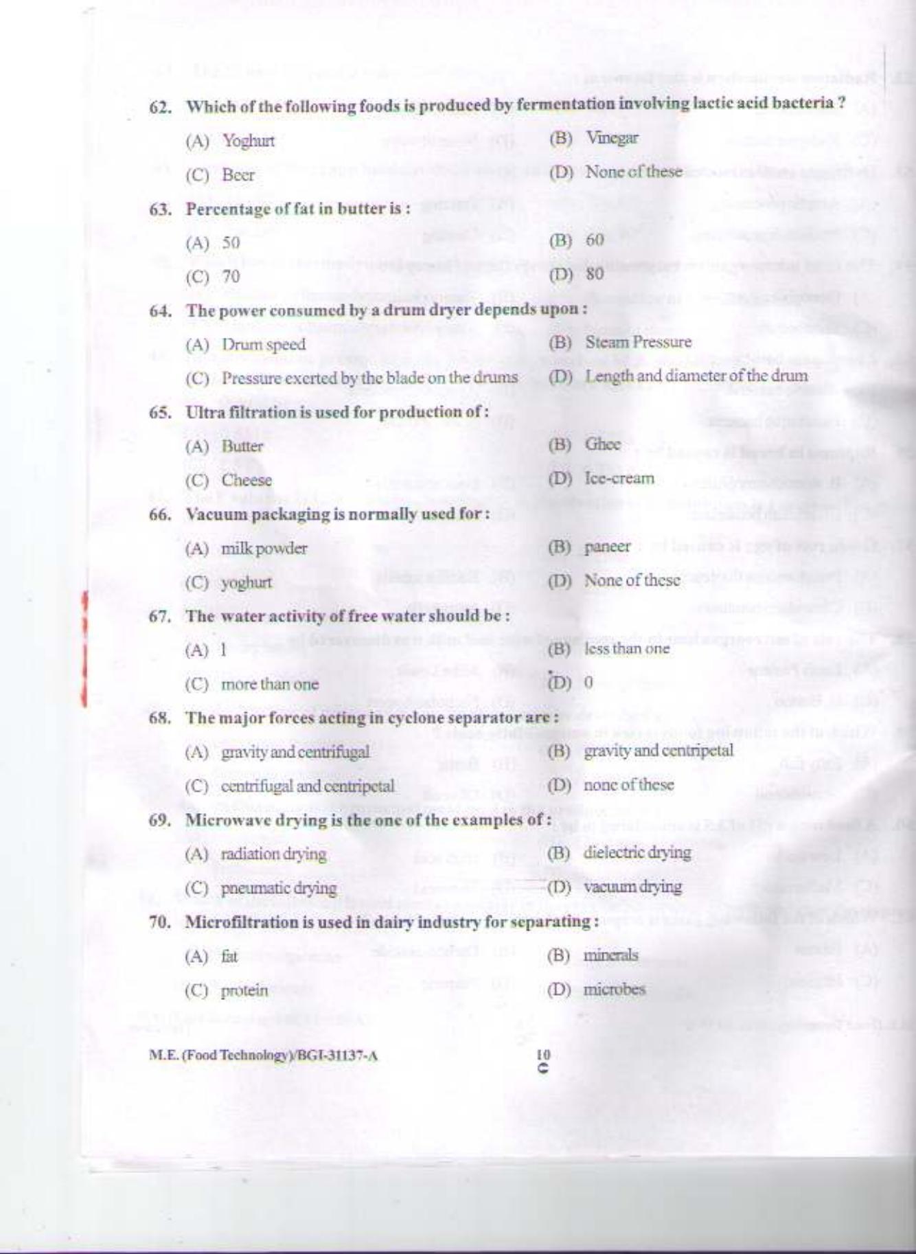 PU CET PG 2015: M.E.(Food Technology) Question Paper - Page 9