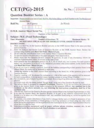 PU CET PG 2015: M.E.(Food Technology) Question Paper