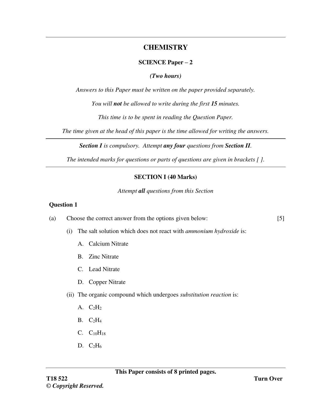 ICSE Class 10 Science Paper 2 (Chemistry) 2018 Question Paper - Page 1