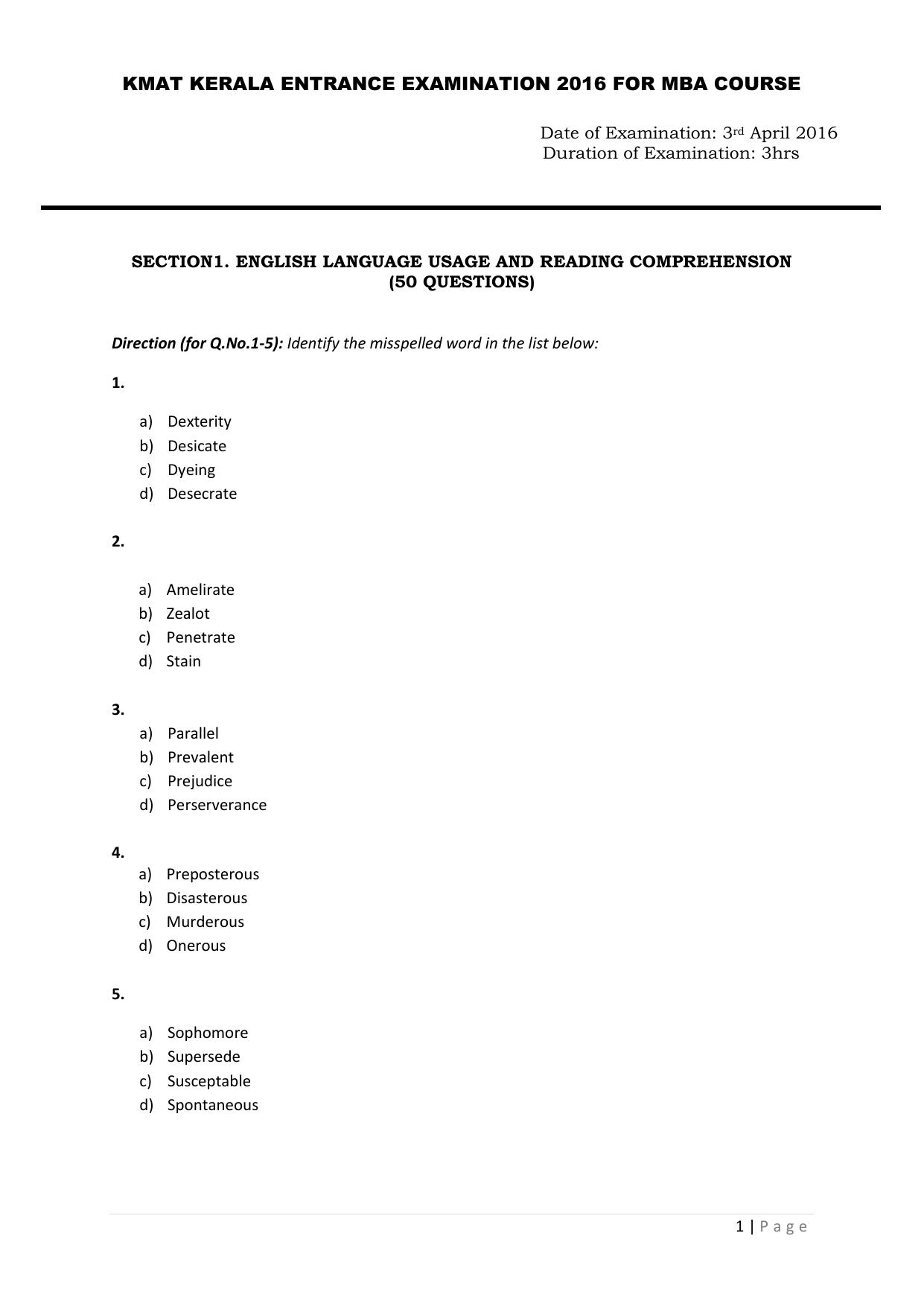 KMAT Question Papers - April 2016 - Page 1