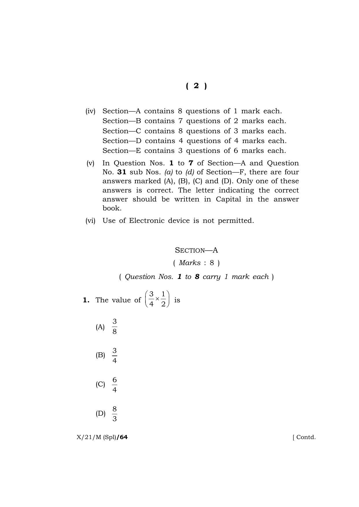 Meghalaya Board (MBOSE) Class 10 MATHEMATICS (Special)  (X-21-M (Spl)) 2021 Question Paper - Page 2