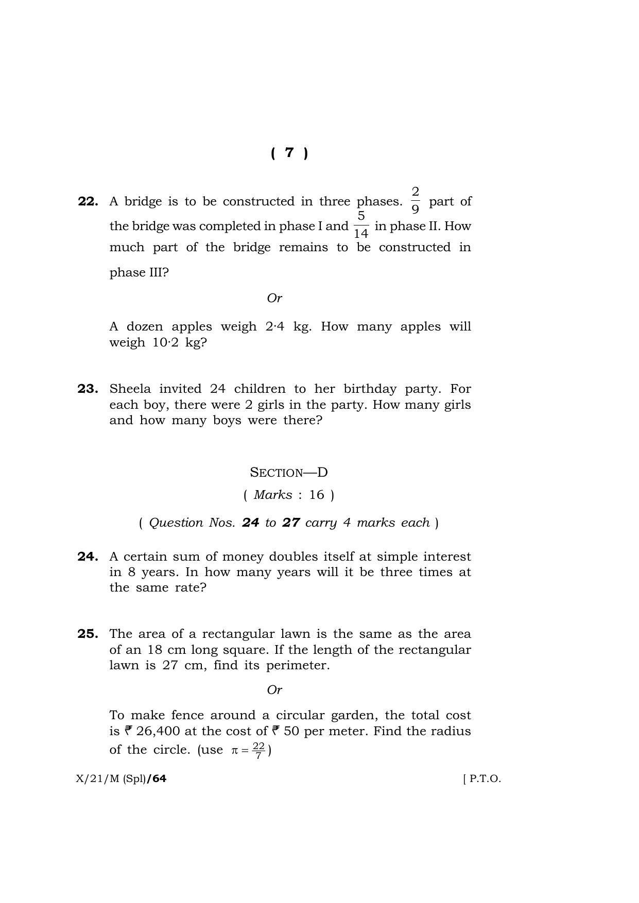 Meghalaya Board (MBOSE) Class 10 MATHEMATICS (Special)  (X-21-M (Spl)) 2021 Question Paper - Page 7