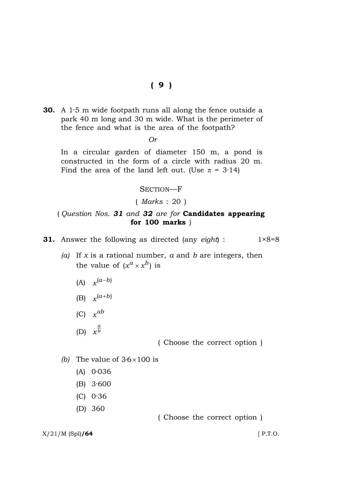 Meghalaya Board (MBOSE) Class 10 MATHEMATICS (Special)  (X-21-M (Spl)) 2021 Question Paper - Page 9