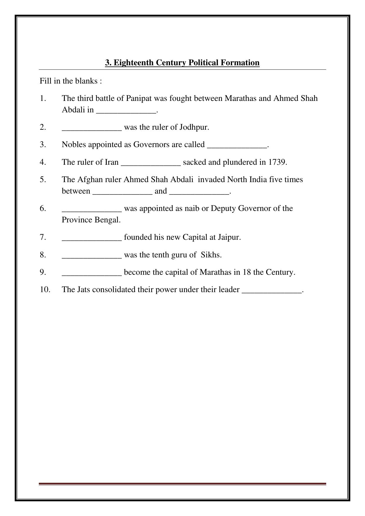 CBSE Worksheets for Class 7 Social Science Eighteenth Century Political Formation Assignment - Page 1