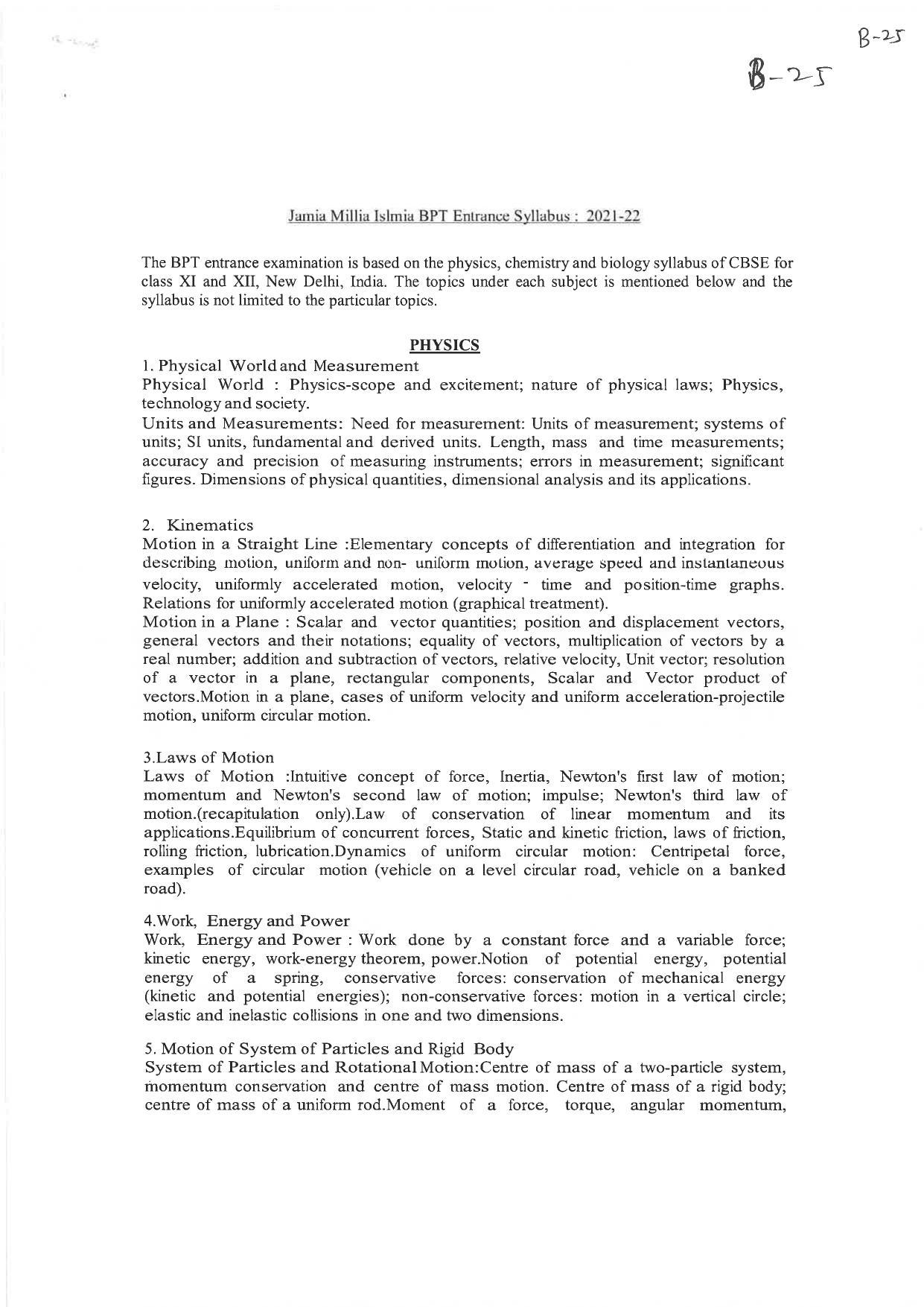JMI Entrance Exam B25-B.P.T Syllabus - Page 1