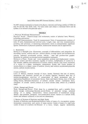 JMI Entrance Exam B25-B.P.T Syllabus