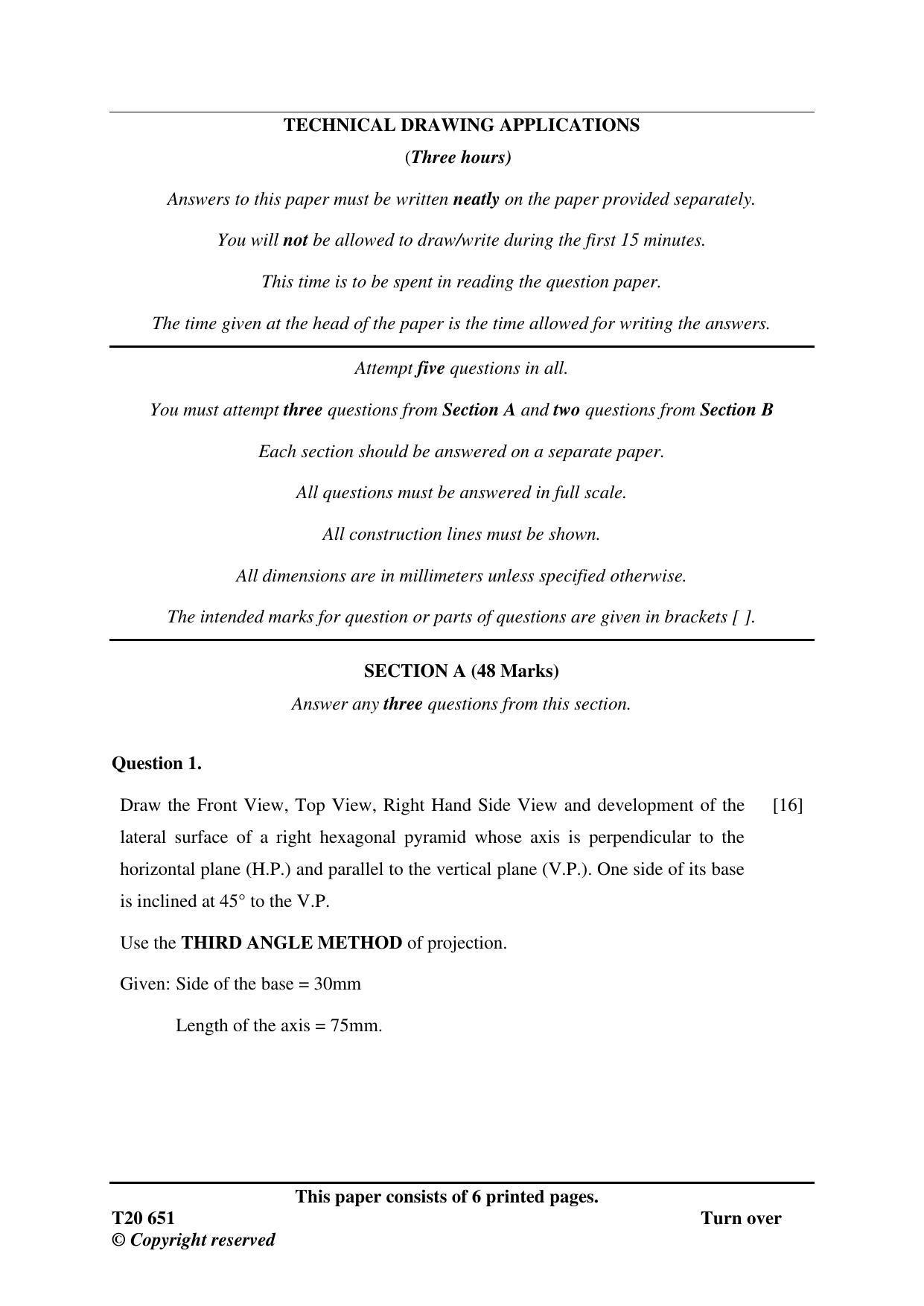 ICSE Class 10 Technical Drawing Applications 2020 Question Paper - Page 1