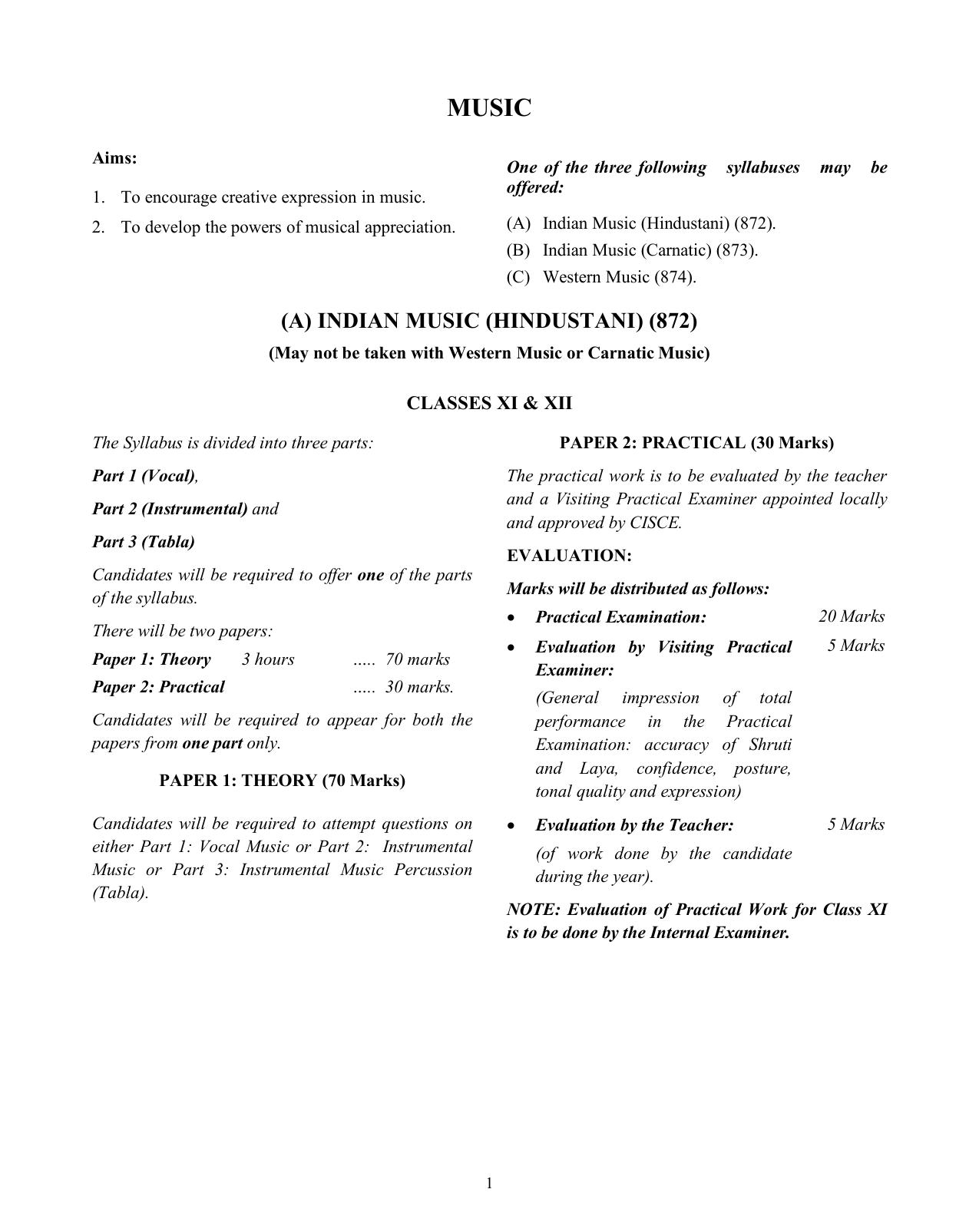 ISC Class XI & XII Music 2025 Syllabus - Page 1