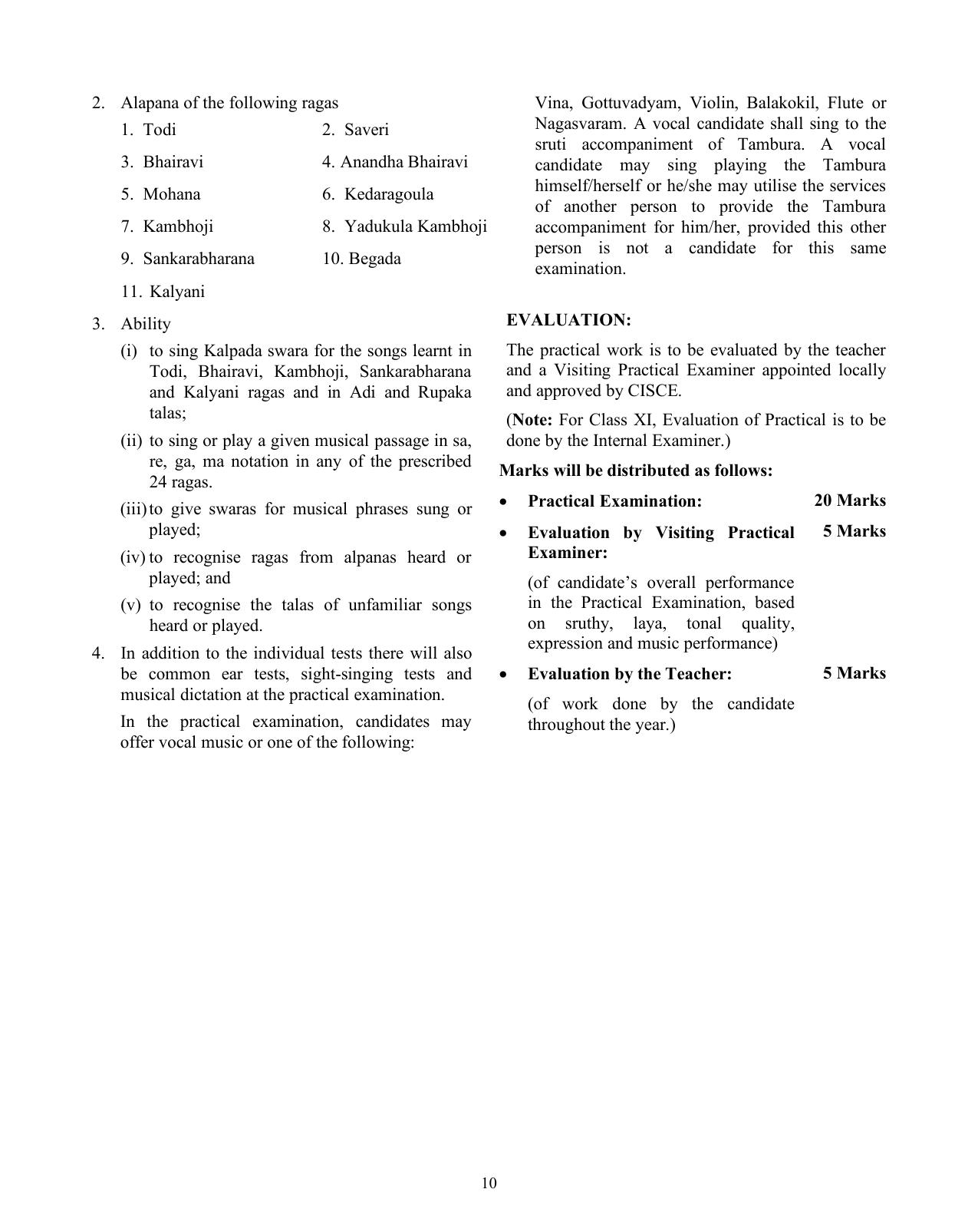 ISC Class XI & XII Music 2025 Syllabus - Page 10