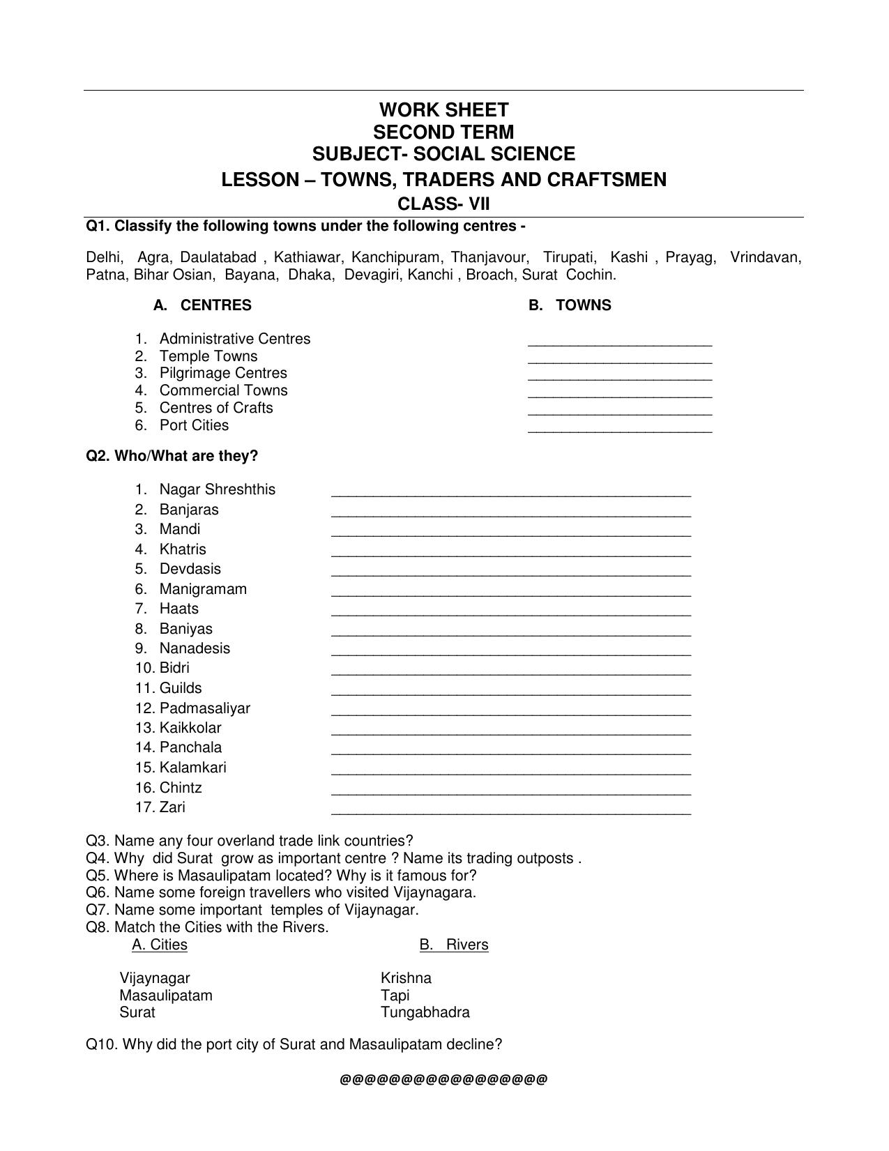 CBSE Worksheets for Class 7 Geography Towns, Traders And Craftsmen Assignment 1 - Page 1