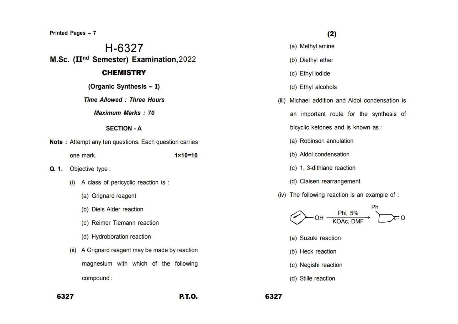 Sarguja University Question Paper July-2022 : M.Sc. Chemistry (Second Sem.)Organic Synthesis 1 Paper 1 - Page 1