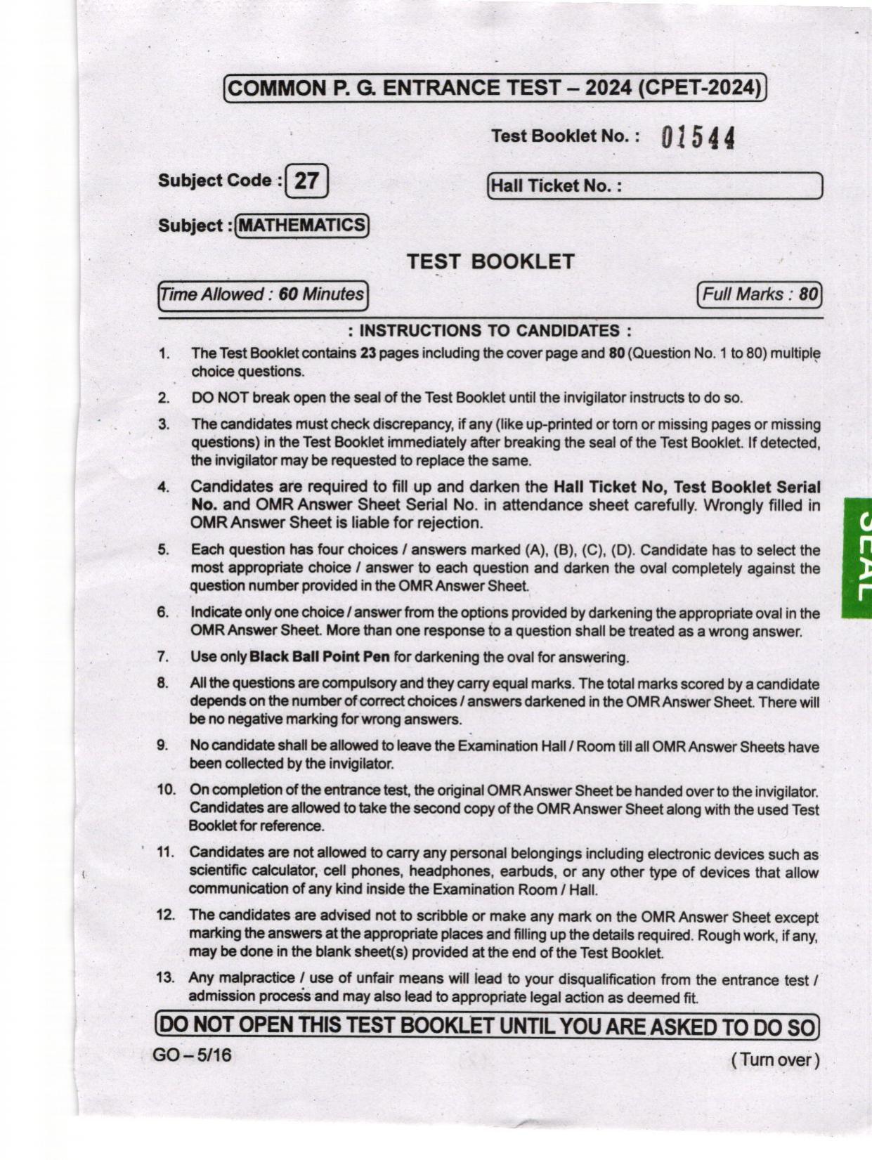 Odisha CPET 2024 MATHEMATICS Question Papers - Page 1