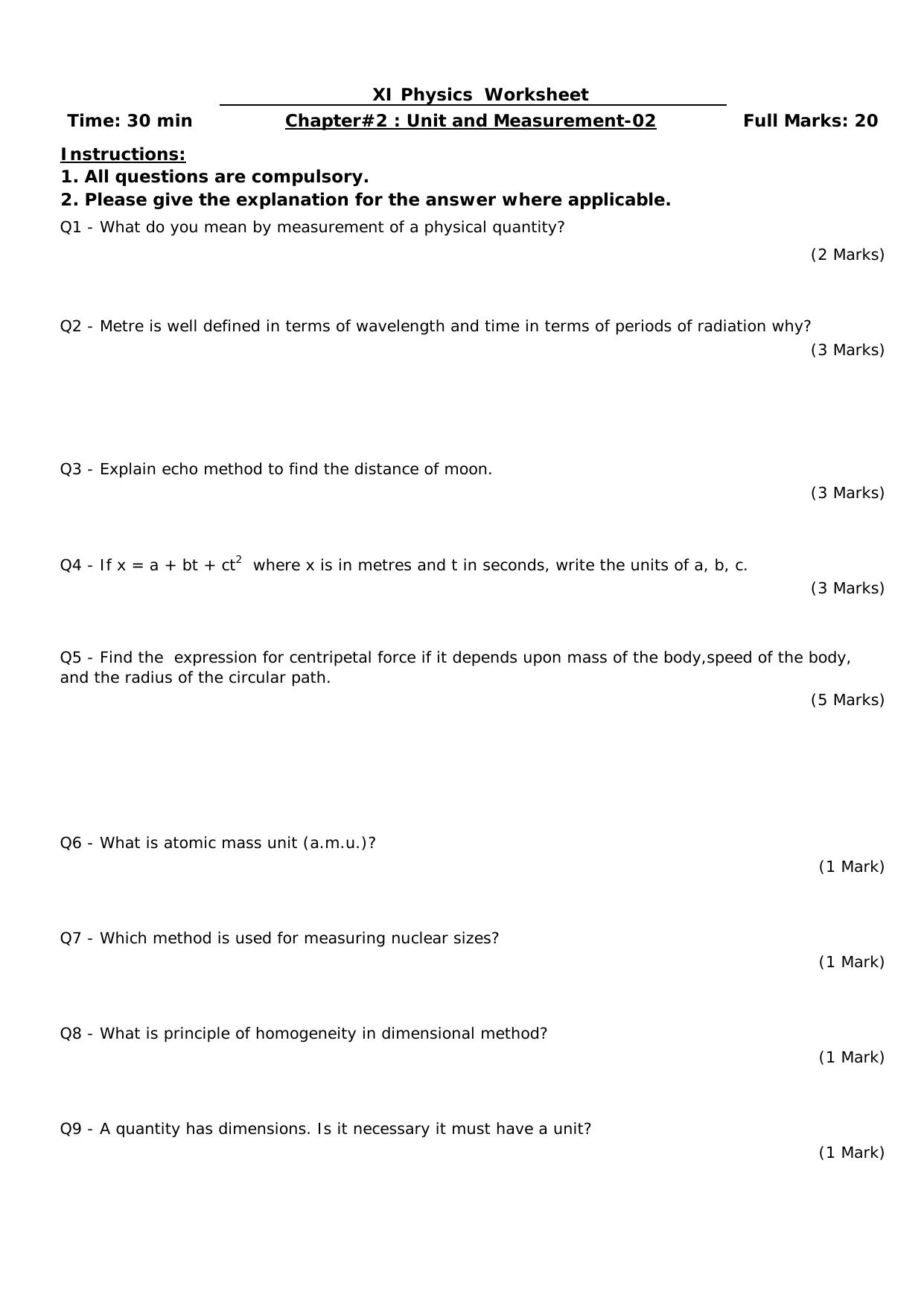 CBSE Worksheets for Class 11 Physics Unit and Measurements Assignment 2 - Page 1