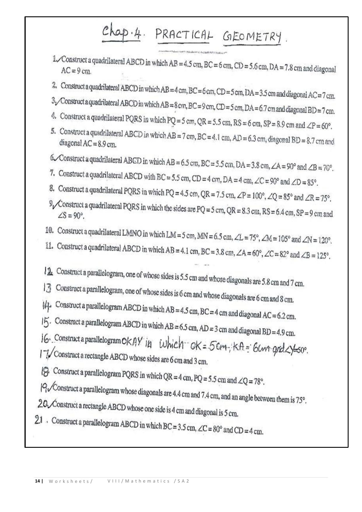 CBSE Worksheets for Class 8 Mathematics Practical Geometry Assignment 2 - Page 1