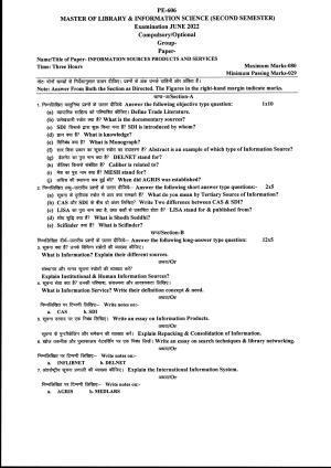 Bilaspur University Question Paper June 2022:Master Of Library & Informantion Science (Second Semester)Information Sources Products And Services Paper 1