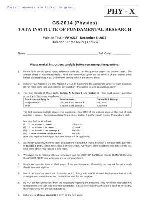 TIFR GS 2014 Physics X Question Paper