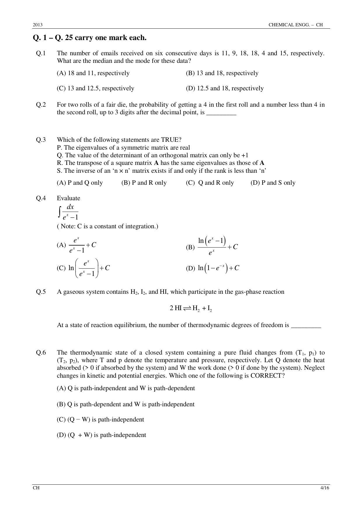 GATE 2013 Chemical Engineering (CH) Question Paper with Answer Key - Page 4