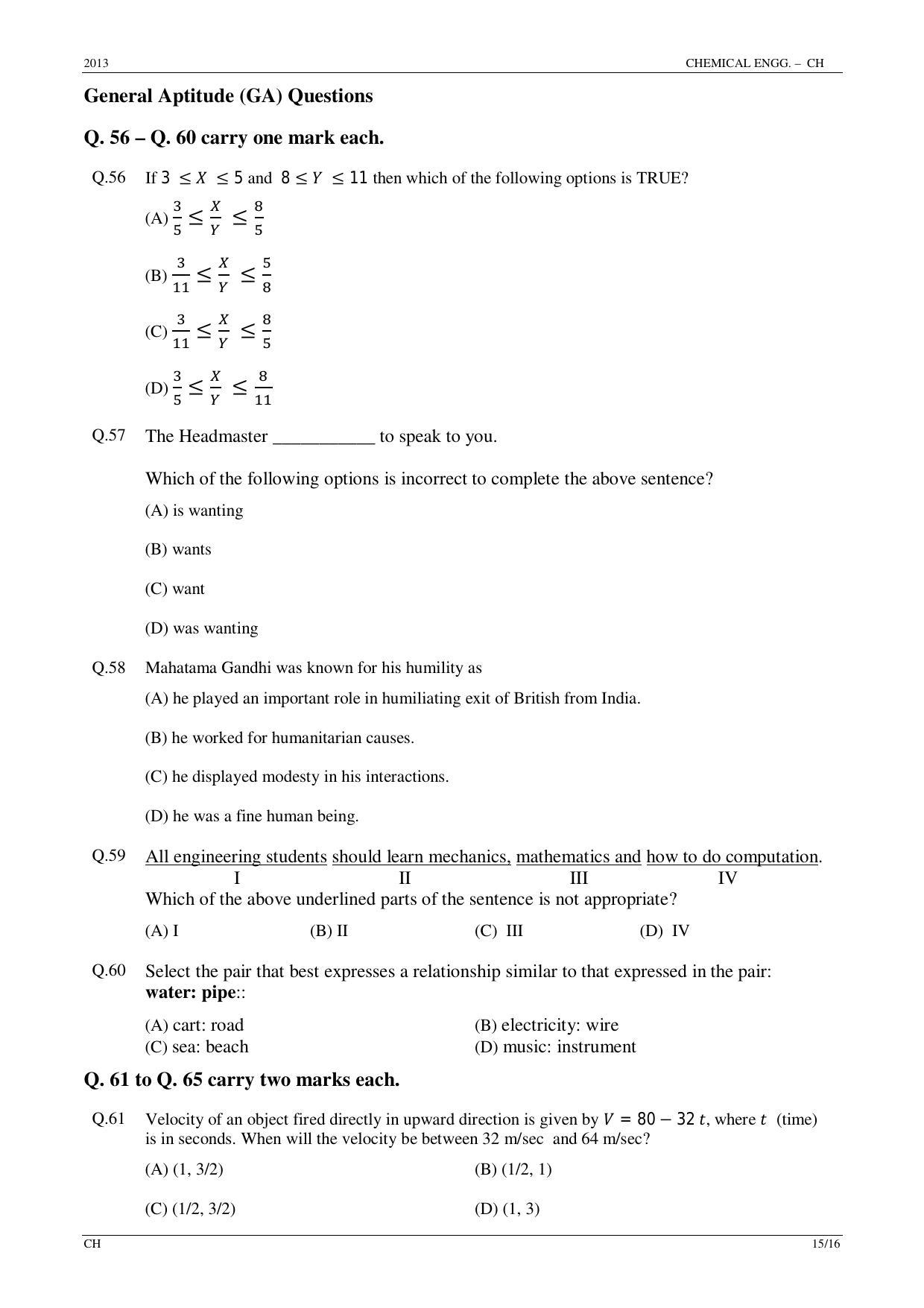 GATE 2013 Chemical Engineering (CH) Question Paper with Answer Key - Page 15