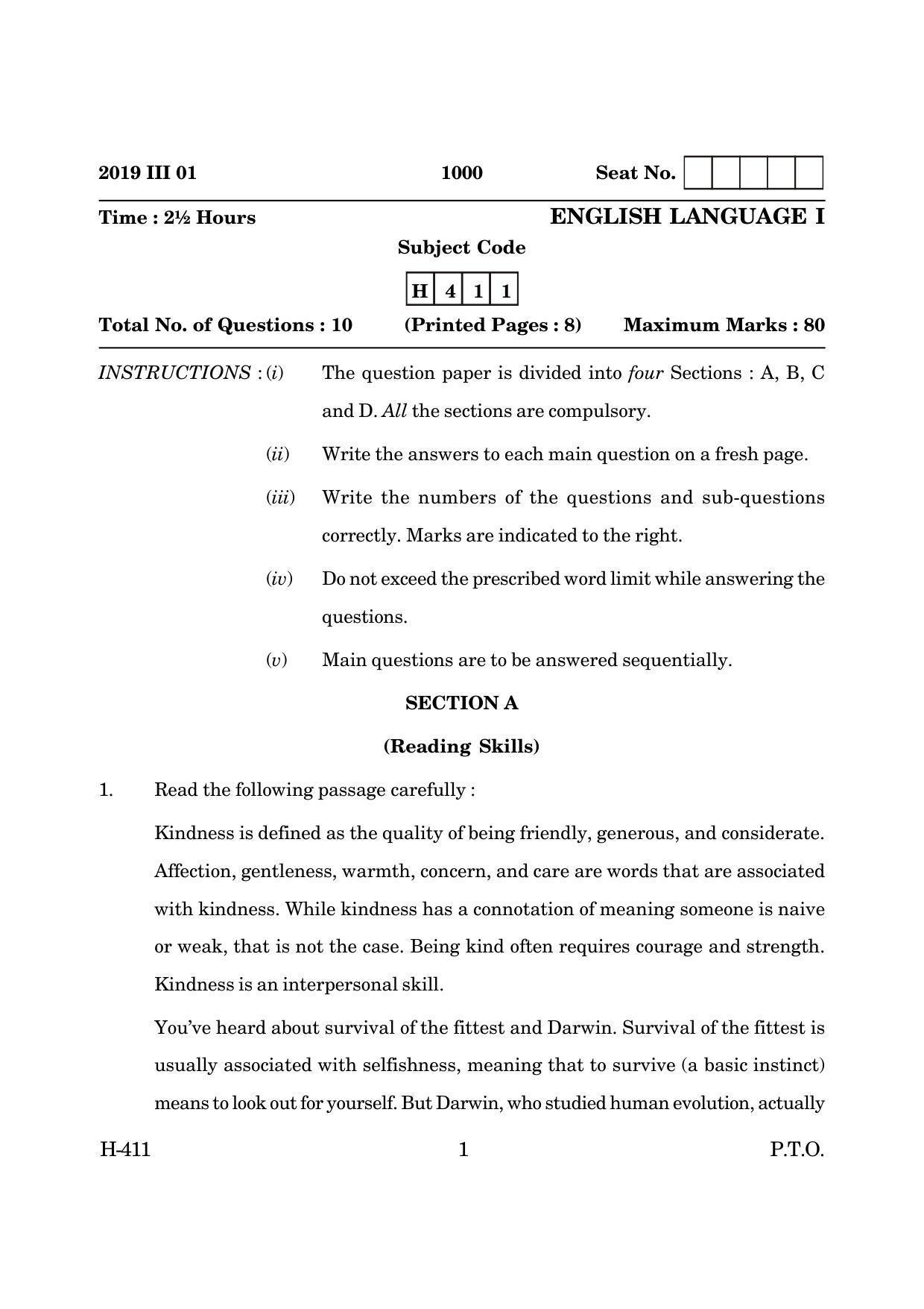Goa Board Class 12 English I  2019 (March 2019) Question Paper - Page 1