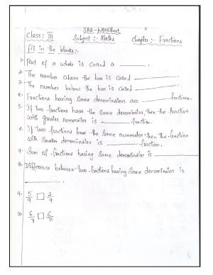 Worksheet for Class 3 Mathematics Fractions Assignment - Fill in The Blanks