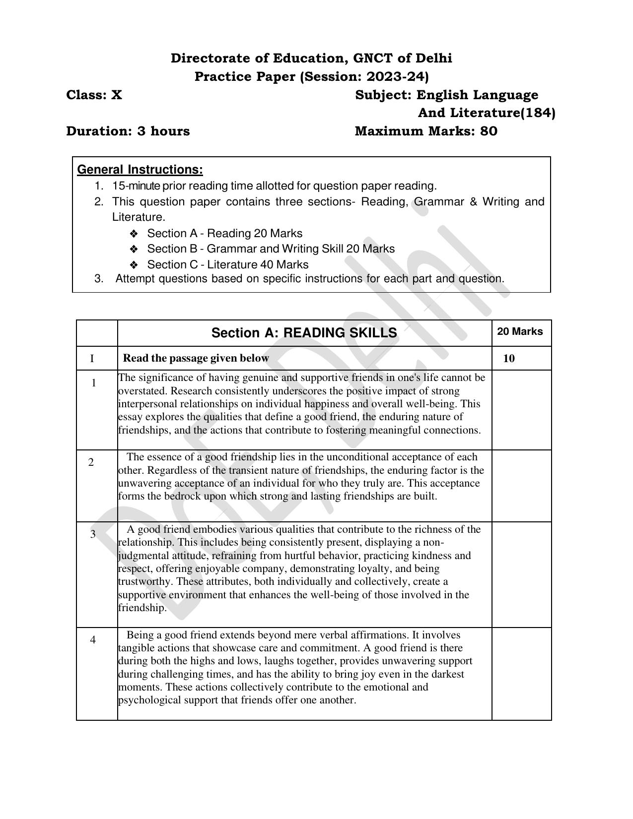Edudel Class 10 English Practice Papers-2 (2023-24) - Page 1